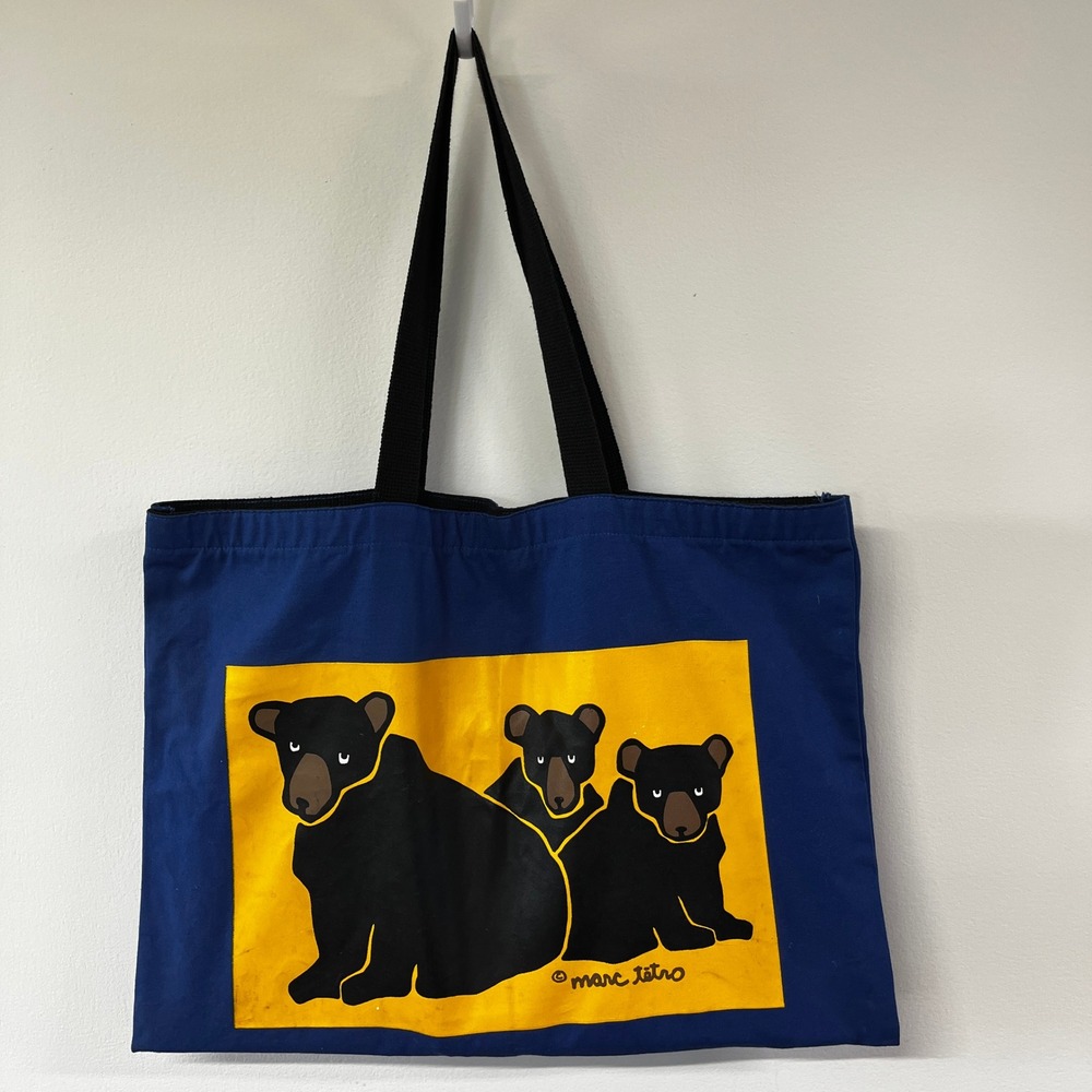 Marc Tetro Black Bears Canvas Tote Bag Blue Yellow Graphic Large Carryall